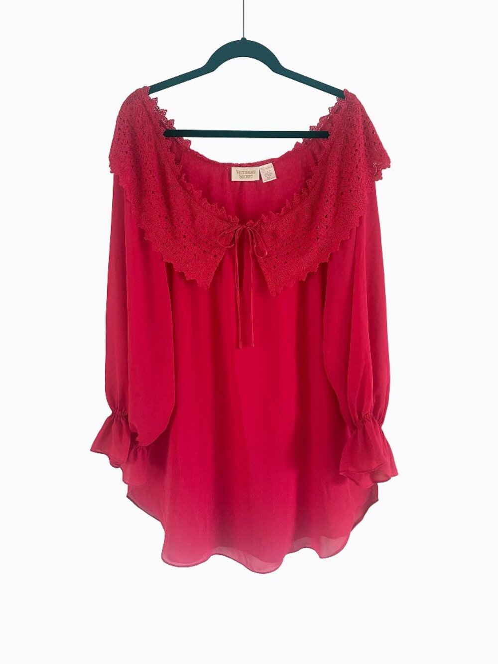Vtg 90s Victoria's Secret Gold Label Red Sheer Chiffon Lace Nightgown M L Dress